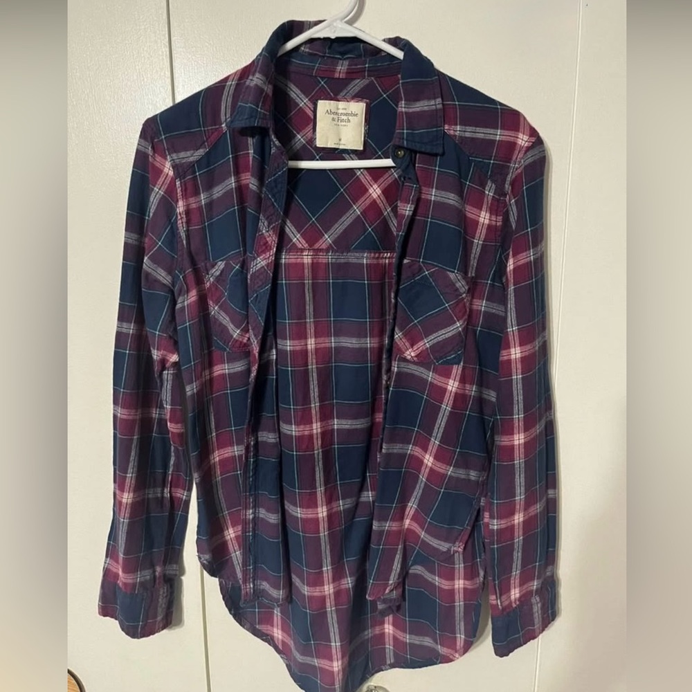 Abercrombie & Fitch Navy and Burgundy Plaid Shirt